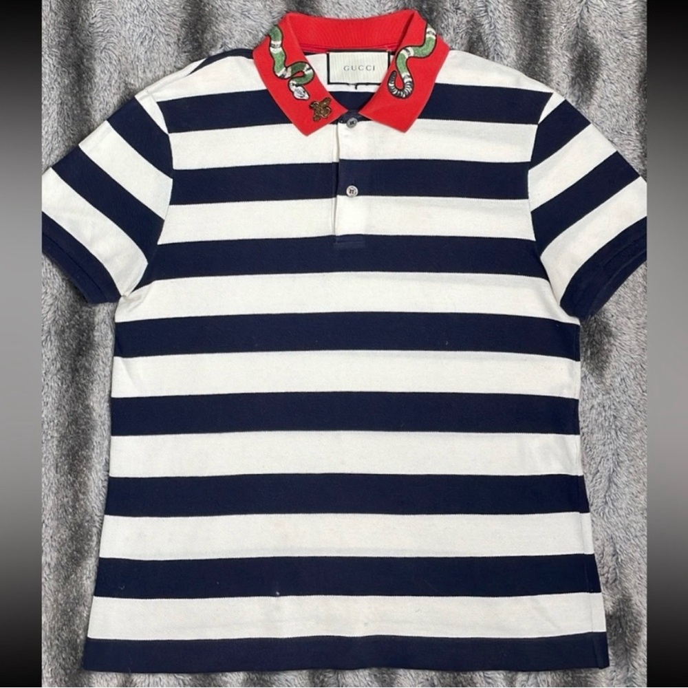 Gucci Navy Blue Striped Cotton Pique Snake Appliqué Contrast Collar Polo